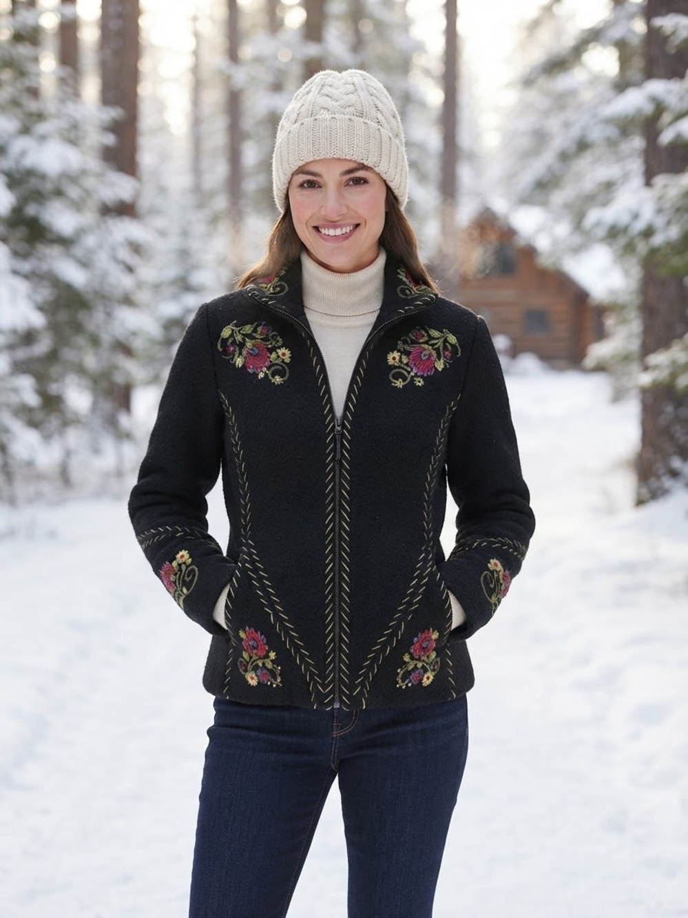 Icelandic Embroidered Black Women's Zip-Front Jacket wool 🐑